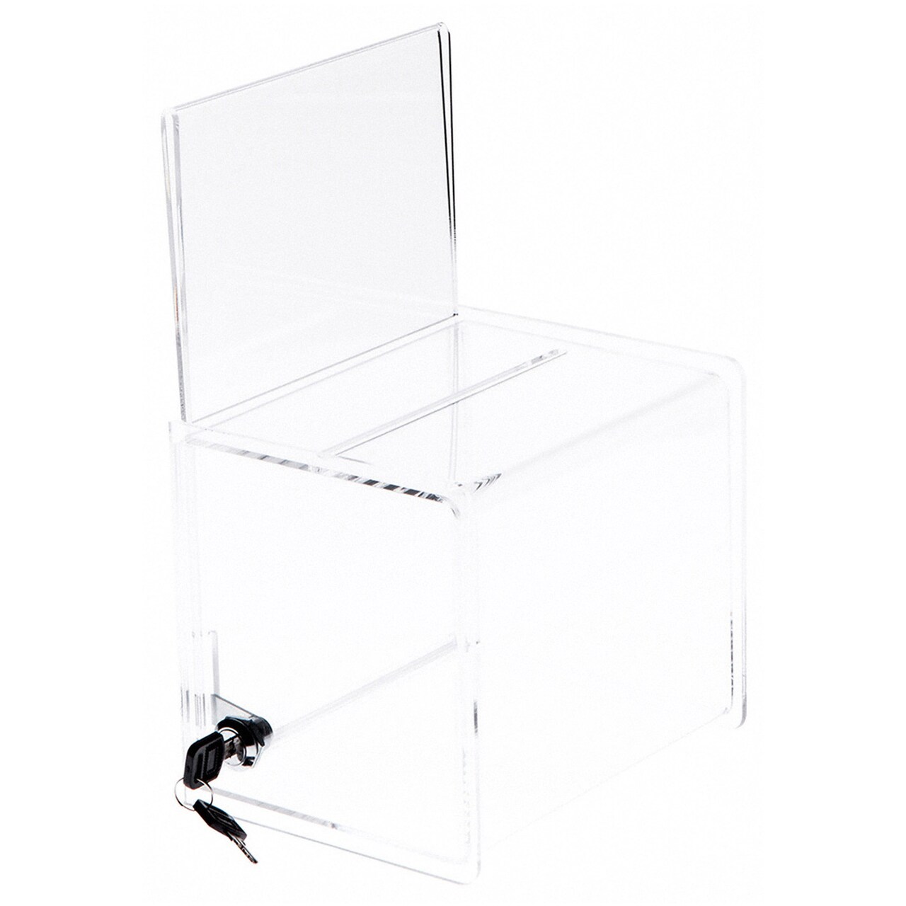 Plymor Clear Acrylic Locking Ballot / Collection Box With Sign Holder, 8" W x 6.5" D x 7" H (Holds 7.5" x 5" Sign)